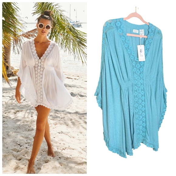 Koy Resort wear Other - Koy Resort Wear Miami Kaftan Crochet NWT In Ocean Teal Blue - Viscose Size L